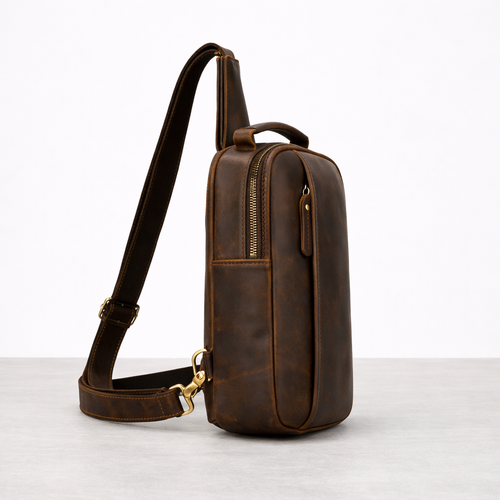 Newsbirds High Quality Big Chest Bag Real Cowhide Leather Chest Bags Crazy Horse Leather Men's Sling Bag Chest Pack for Man Male