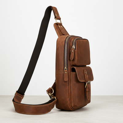 Newsbirds High Quality Big Chest Bag Real Cowhide Leather Chest Bags Crazy Horse Leather Men's Sling Bag Chest Pack for Man Male