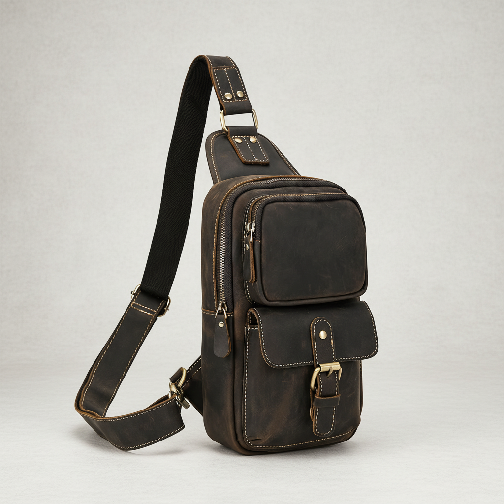 Newsbirds High Quality Big Chest Bag Real Cowhide Leather Chest Bags Crazy Horse Leather Men's Sling Bag Chest Pack for Man Male