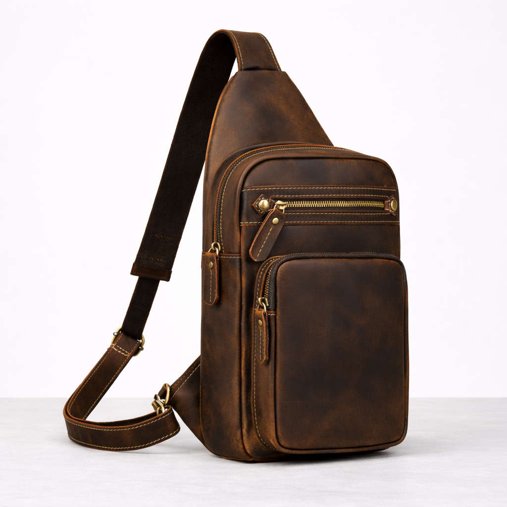 Newsbirds High Quality Big Chest Bag Real Cowhide Leather Chest Bags Crazy Horse Leather Men's Sling Bag Chest Pack for Man Male