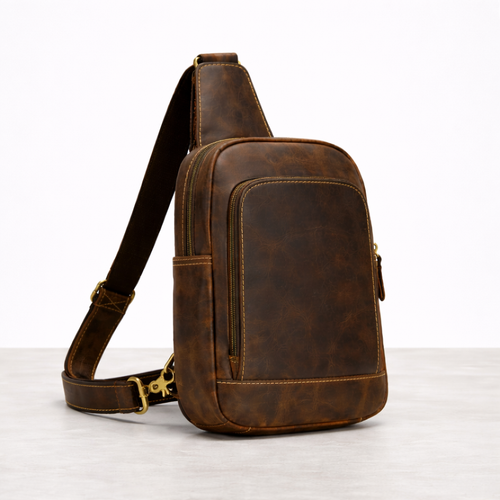 Newsbirds High Quality Big Chest Bag Real Cowhide Leather Chest Bags Crazy Horse Leather Men's Sling Bag Chest Pack for Man Male