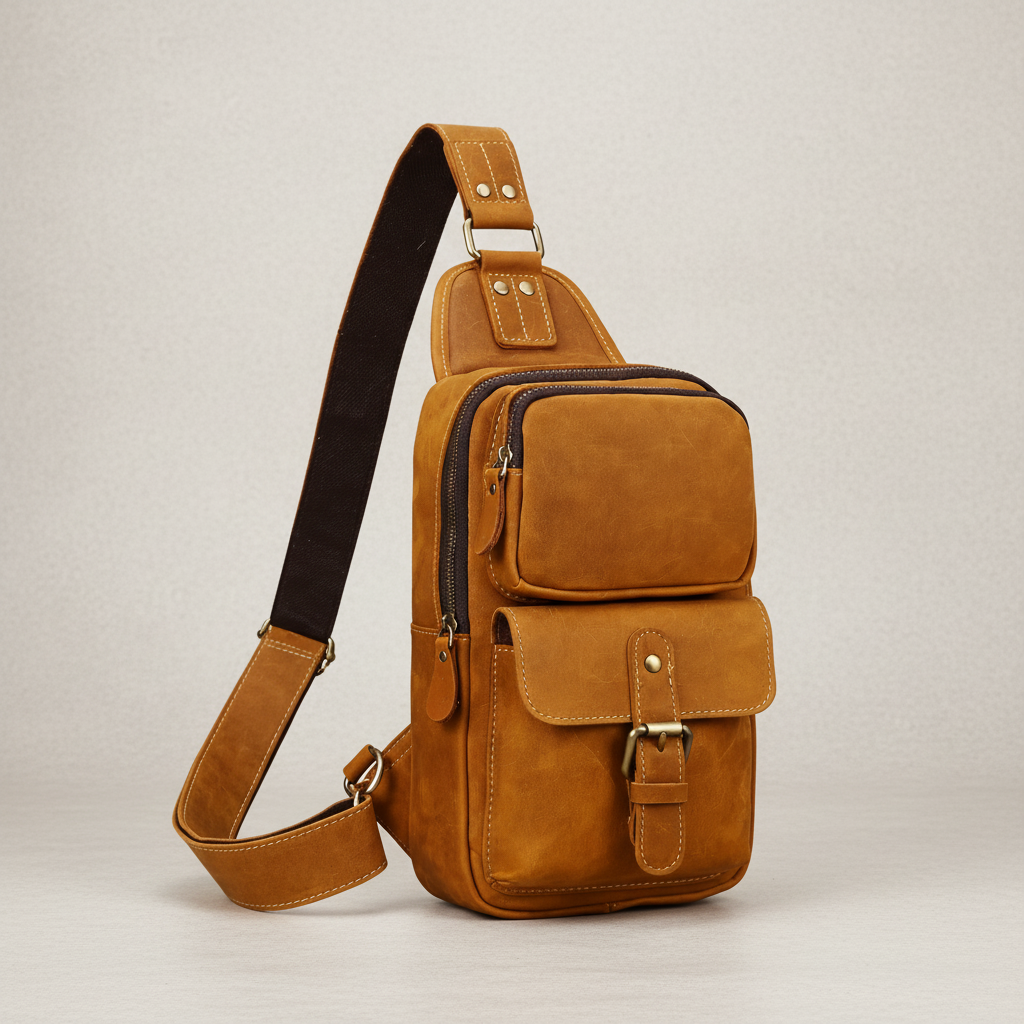 Newsbirds High Quality Big Chest Bag Real Cowhide Leather Chest Bags Crazy Horse Leather Men's Sling Bag Chest Pack for Man Male