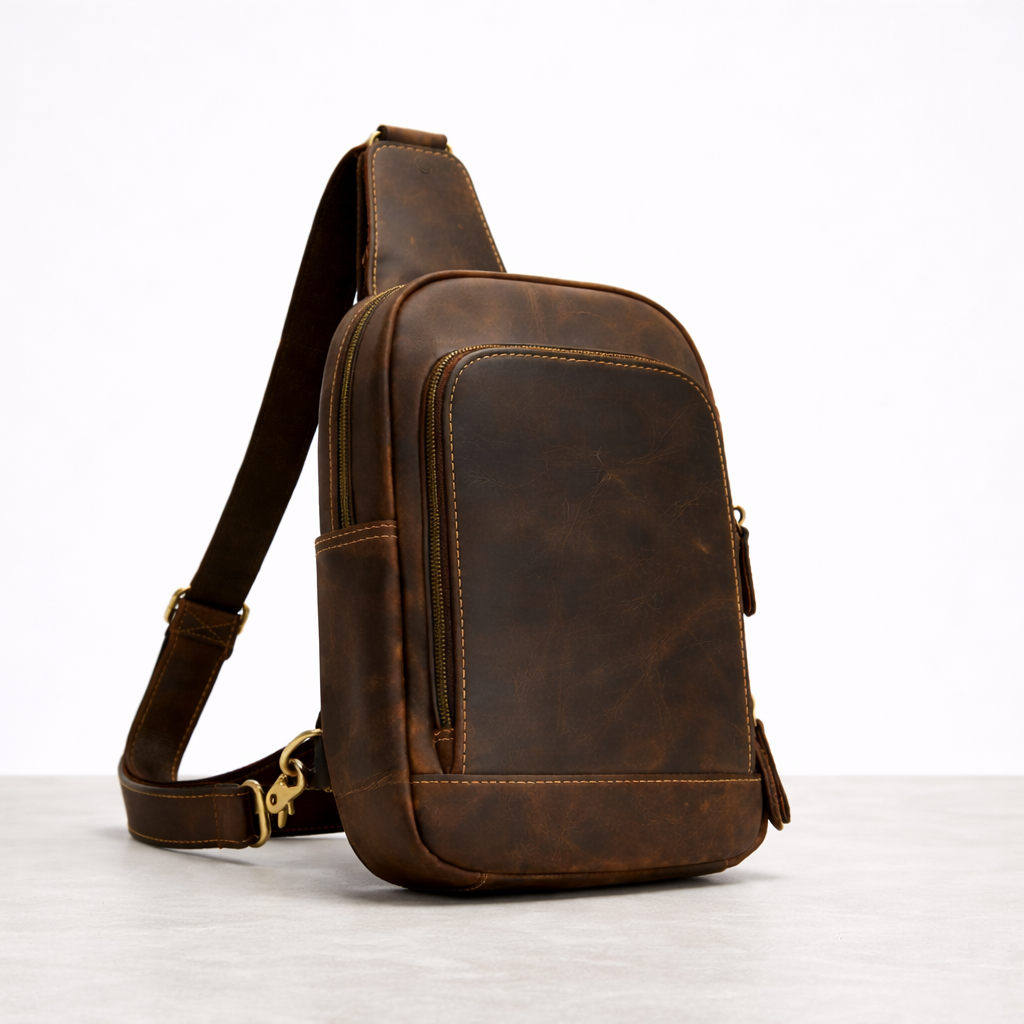 Newsbirds High Quality Big Chest Bag Real Cowhide Leather Chest Bags Crazy Horse Leather Men's Sling Bag Chest Pack for Man Male