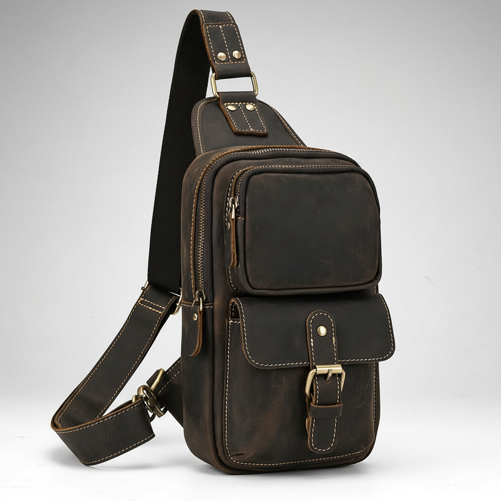 Newsbirds High Quality Big Chest Bag Real Cowhide Leather Chest Bags Crazy Horse Leather Men's Sling Bag Chest Pack for Man Male