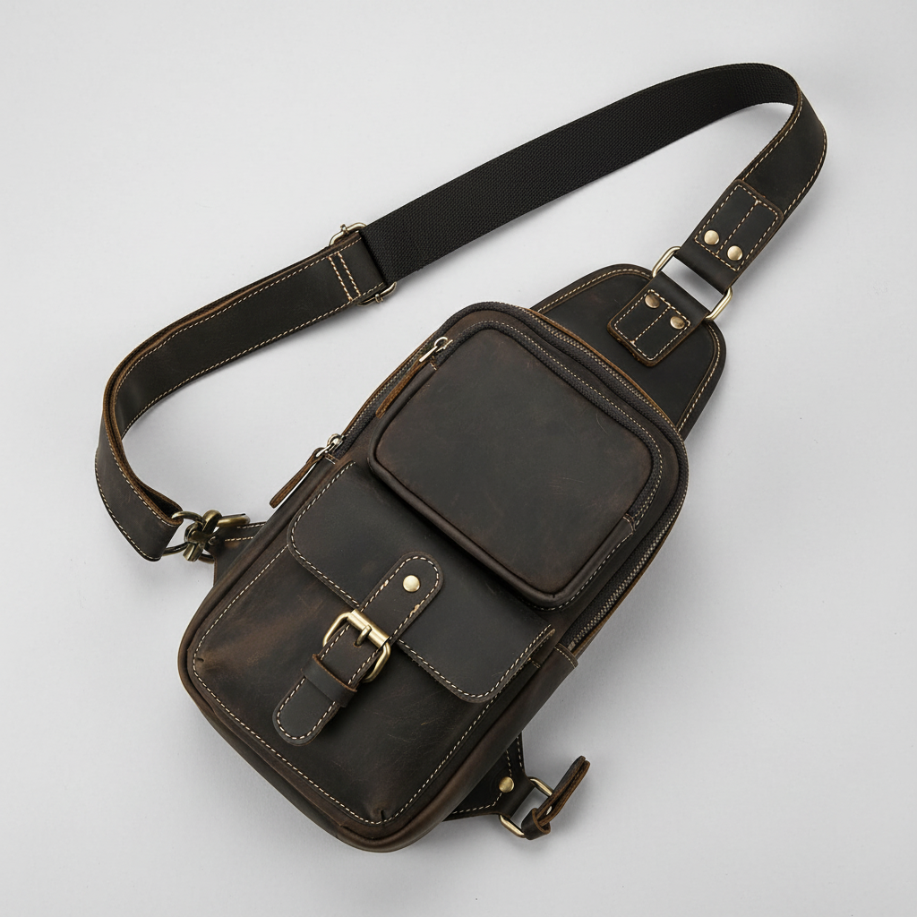 Newsbirds High Quality Big Chest Bag Real Cowhide Leather Chest Bags Crazy Horse Leather Men's Sling Bag Chest Pack for Man Male