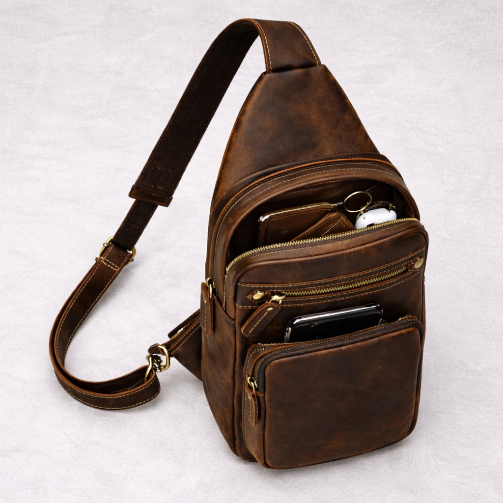 Newsbirds High Quality Big Chest Bag Real Cowhide Leather Chest Bags Crazy Horse Leather Men's Sling Bag Chest Pack for Man Male