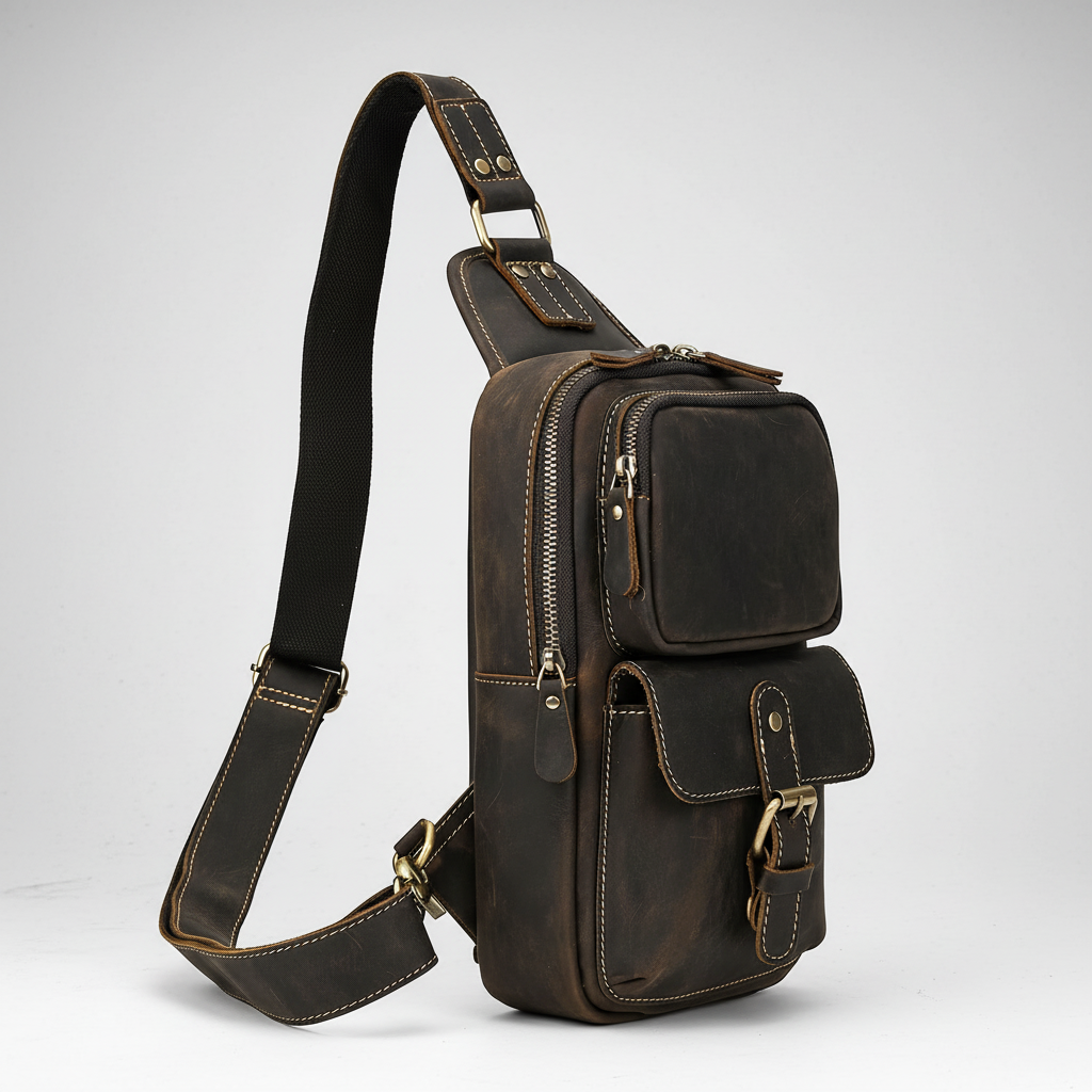 Newsbirds High Quality Big Chest Bag Real Cowhide Leather Chest Bags Crazy Horse Leather Men's Sling Bag Chest Pack for Man Male