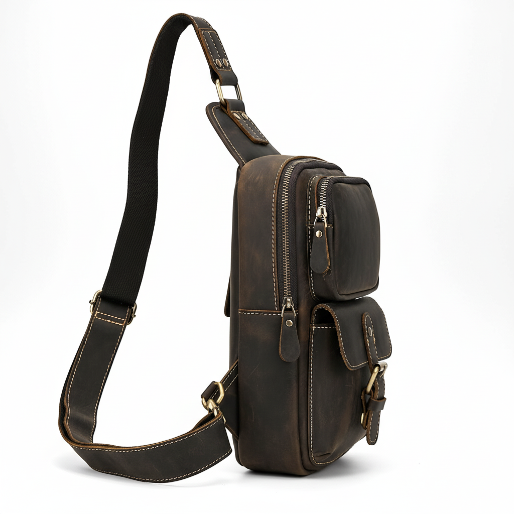 Newsbirds High Quality Big Chest Bag Real Cowhide Leather Chest Bags Crazy Horse Leather Men's Sling Bag Chest Pack for Man Male