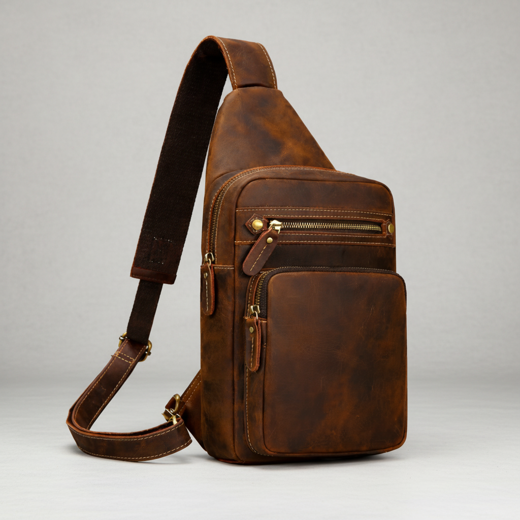 Newsbirds High Quality Big Chest Bag Real Cowhide Leather Chest Bags Crazy Horse Leather Men's Sling Bag Chest Pack for Man Male