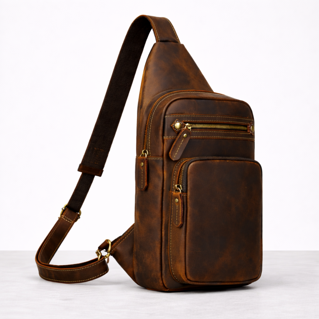 Newsbirds High Quality Big Chest Bag Real Cowhide Leather Chest Bags Crazy Horse Leather Men's Sling Bag Chest Pack for Man Male