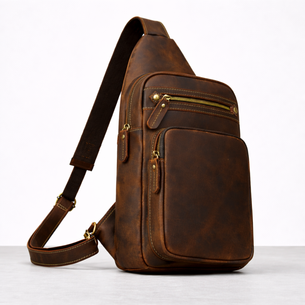 Newsbirds High Quality Big Chest Bag Real Cowhide Leather Chest Bags Crazy Horse Leather Men's Sling Bag Chest Pack for Man Male