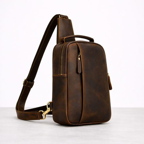 Newsbirds High Quality Big Chest Bag Real Cowhide Leather Chest Bags Crazy Horse Leather Men's Sling Bag Chest Pack for Man Male