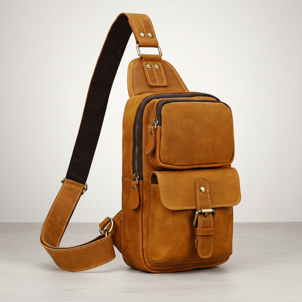 Newsbirds High Quality Big Chest Bag Real Cowhide Leather Chest Bags Crazy Horse Leather Men's Sling Bag Chest Pack for Man Male