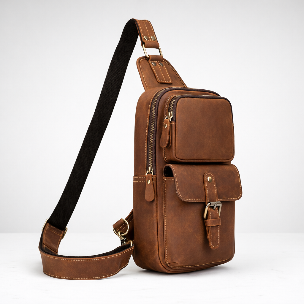 Newsbirds High Quality Big Chest Bag Real Cowhide Leather Chest Bags Crazy Horse Leather Men's Sling Bag Chest Pack for Man Male