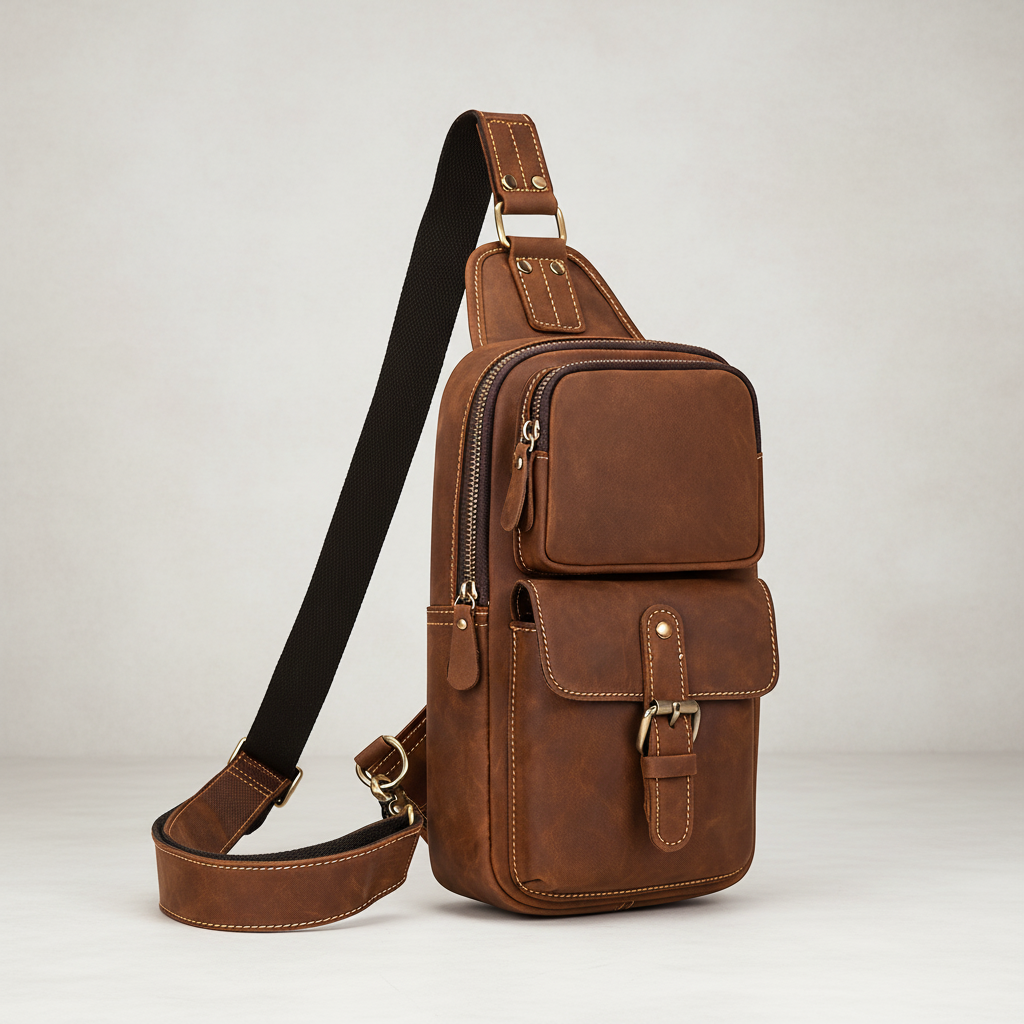 Newsbirds High Quality Big Chest Bag Real Cowhide Leather Chest Bags Crazy Horse Leather Men's Sling Bag Chest Pack for Man Male